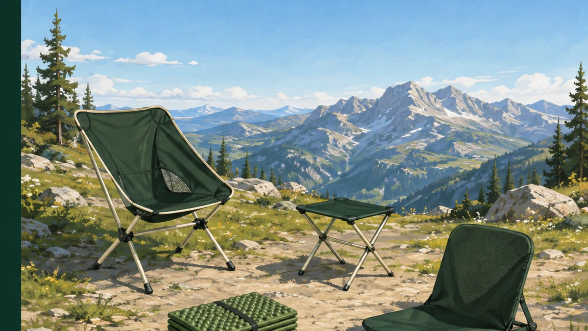 Illustrated backpacking chairs, a stool, and a sit pad on an alpine trail